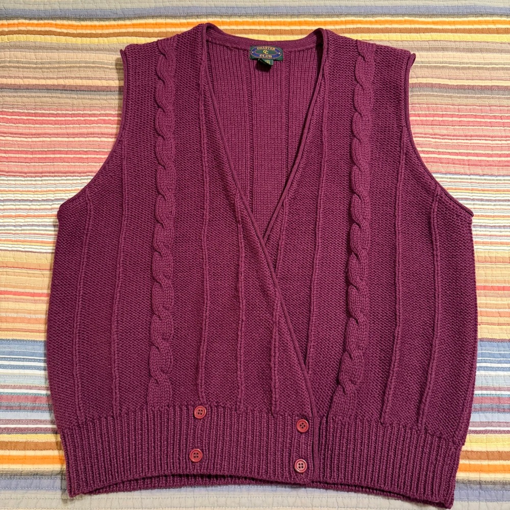 Charter Club Men's Wool V Neck Cable Knit Sleeveless Sweater Vest Plum‎ Size 38